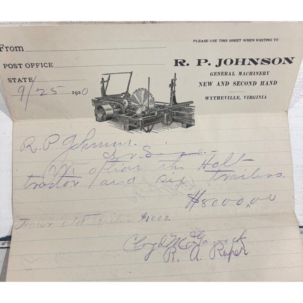 1920 R.P. Johnson Letterhead Handwritten Tractor & Trailer Wytheville VA RARE